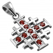 Small Garnet CZ Jerusalem Cross Silver Pendant, p452